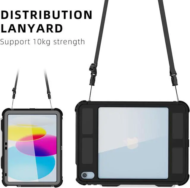 Alt view image 7 of 7 - iPad 10th Generation 10.9 inch Waterproof Case 2022, Heavy Duty Shockproof Cover with Pencil Holder + Rotating Stand + Handle + Shoulder Strap