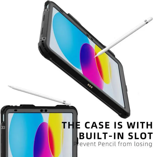 Alt view image 5 of 7 - iPad 10th Generation 10.9 inch Waterproof Case 2022, Heavy Duty Shockproof Cover with Pencil Holder + Rotating Stand + Handle + Shoulder Strap