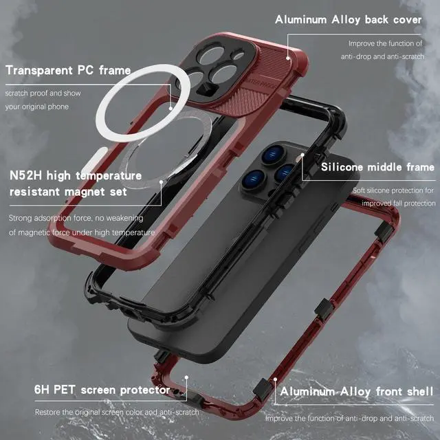 Alt view image 3 of 7 - iPhone 14 Pro Max Waterproof Case, MagSafe Compatible, Built-in Screen Protector IP68 Underwater Dustproof 360 Full Body Shockproof Protective Cover for iPhone 14 Pro Max Red