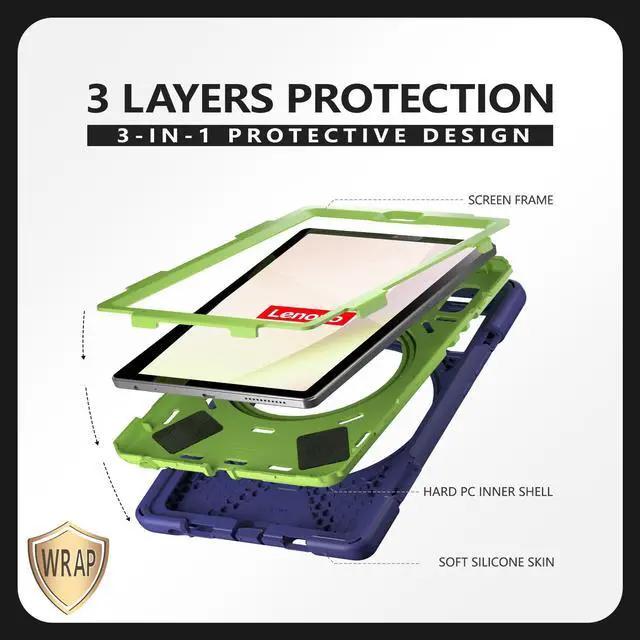Alt view image 7 of 7 - Protective Case for Lenovo Tab M9 2023 9 inch Model TB310XU / TB310FU with Pencil Holder Kickstand Hand Strap and Shoulder Strap, Rugged Shockproof Cover Blue/Green