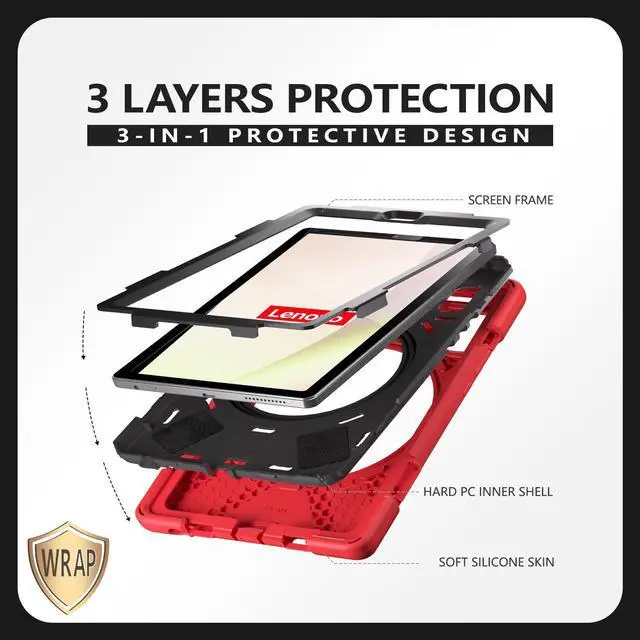 Alt view image 5 of 7 - Protective Case for Lenovo Tab M9 2023 9 inch Model TB310XU / TB310FU with Pencil Holder Kickstand Hand Strap and Shoulder Strap, Rugged Shockproof Cover Red