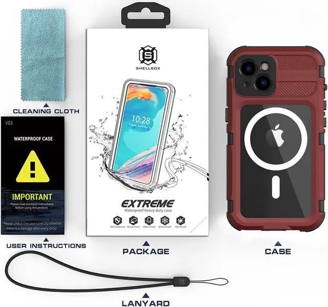 Alt view image 7 of 7 - iPhone 14 Plus 6.7 inch Waterproof Case, MagSafe Compatible, Built-in Screen Protector IP68 Underwater Dustproof 360 Full Body Shockproof Protective Cover Red