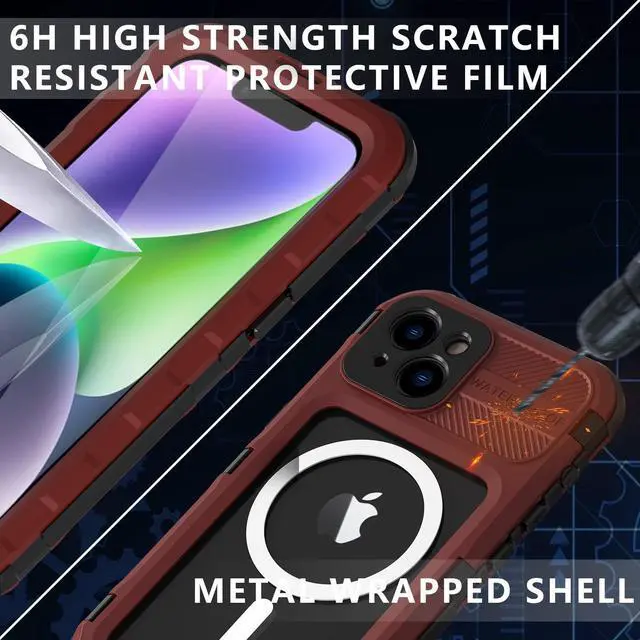 Alt view image 5 of 7 - iPhone 14 6.1 inch Waterproof Case, MagSafe Compatible, Built-in Screen Protector IP68 Underwater Dustproof 360 Full Body Shockproof Protective Cover Red