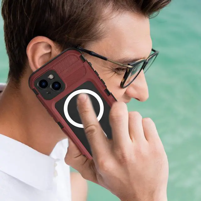 Alt view image 7 of 7 - iPhone 14 6.1 inch Waterproof Case, MagSafe Compatible, Built-in Screen Protector IP68 Underwater Dustproof 360 Full Body Shockproof Protective Cover Red