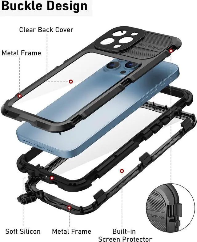 Alt view image 6 of 7 - iPhone 13 Pro Max 6.7 inch Waterproof Metal Case - Built-in [Screen Protector][15FT Military Grade Shockproof][IP68 Water Proof], Full Body Aluminum Protective Dropproof Cover