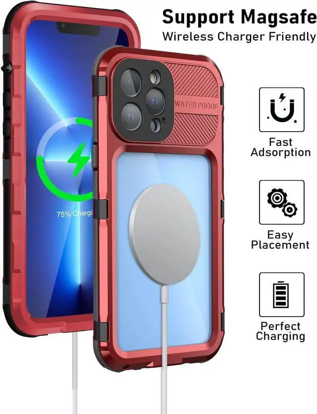 Alt view image 4 of 7 - iPhone 13 Pro Max 6.7 inch Waterproof Metal Case - Built-in [Screen Protector][15FT Military Grade Shockproof][IP68 Water Proof], Full Body Aluminum Protective Dropproof Cover Red