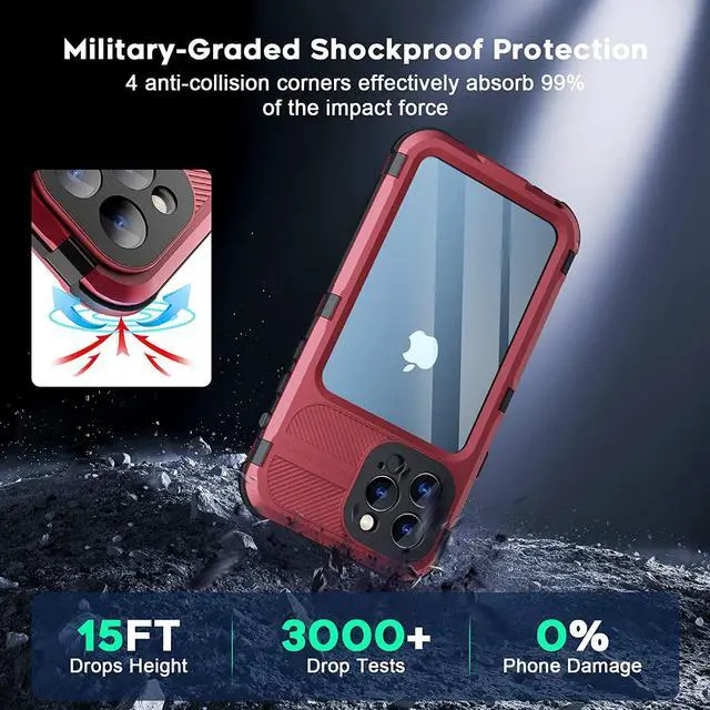 Alt view image 5 of 7 - iPhone 13 Pro Max 6.7 inch Waterproof Metal Case - Built-in [Screen Protector][15FT Military Grade Shockproof][IP68 Water Proof], Full Body Aluminum Protective Dropproof Cover Red