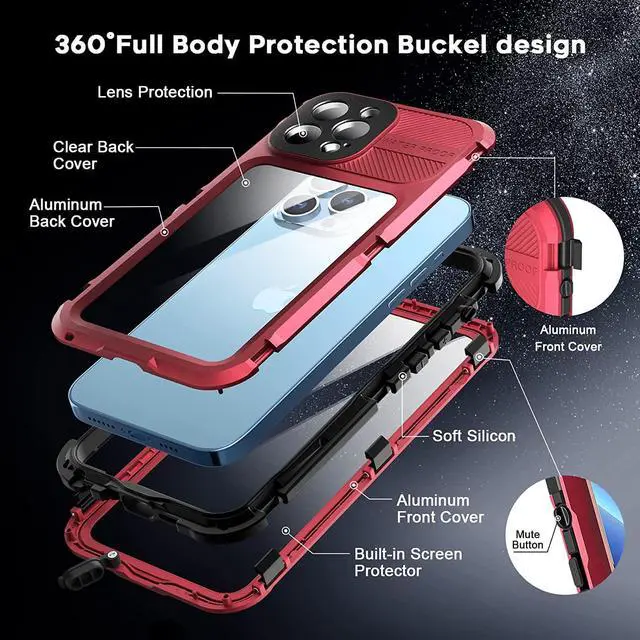 Alt view image 6 of 7 - iPhone 13 Pro Max 6.7 inch Waterproof Metal Case - Built-in [Screen Protector][15FT Military Grade Shockproof][IP68 Water Proof], Full Body Aluminum Protective Dropproof Cover Red