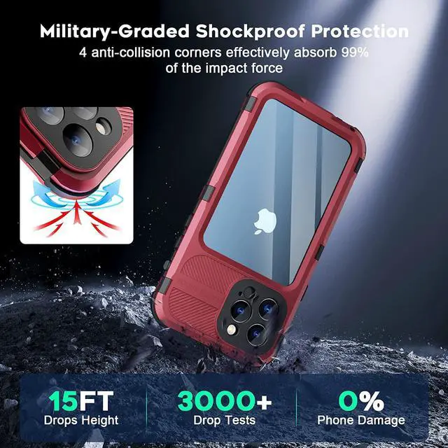 Alt view image 5 of 7 - iPhone 13 Pro 6.1 inch Waterproof Metal Case - Built-in [Screen Protector][15FT Military Grade Shockproof][IP68 Water Proof], Full Body Aluminum Protective Dropproof Cover Red