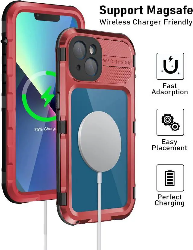 Alt view image 5 of 7 - iPhone 13 Waterproof Metal Case with Built-in Screen Protector [15FT Military Grade Shockproof][IP68 Water Proof], Full Body Aluminum Protective Drop Protection Cover for iPhone 13 6.1 inch Red