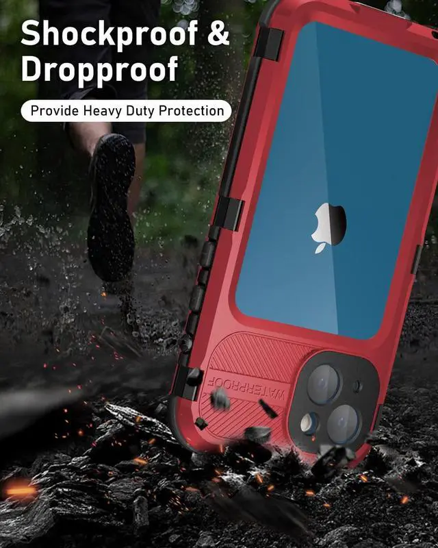 Alt view image 3 of 7 - iPhone 13 Waterproof Metal Case with Built-in Screen Protector [15FT Military Grade Shockproof][IP68 Water Proof], Full Body Aluminum Protective Drop Protection Cover for iPhone 13 6.1 inch Red