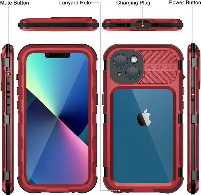 Alt view image 7 of 7 - iPhone 13 Waterproof Metal Case with Built-in Screen Protector [15FT Military Grade Shockproof][IP68 Water Proof], Full Body Aluminum Protective Drop Protection Cover for iPhone 13 6.1 inch Red