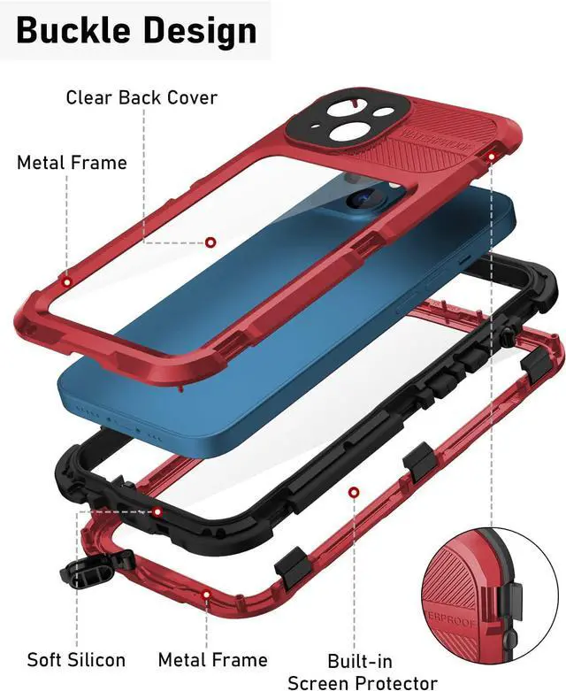 Alt view image 4 of 7 - iPhone 13 Waterproof Metal Case with Built-in Screen Protector [15FT Military Grade Shockproof][IP68 Water Proof], Full Body Aluminum Protective Drop Protection Cover for iPhone 13 6.1 inch Red