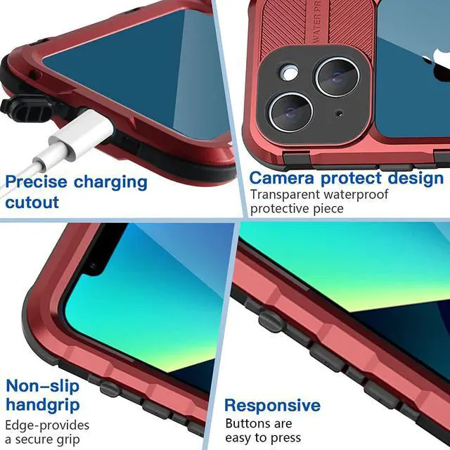 Alt view image 6 of 7 - iPhone 13 Waterproof Metal Case with Built-in Screen Protector [15FT Military Grade Shockproof][IP68 Water Proof], Full Body Aluminum Protective Drop Protection Cover for iPhone 13 6.1 inch Red
