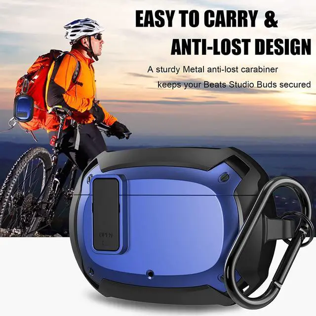 Alt view image 4 of 6 - Beats Studio Buds Case Cover 2021, Secure Lock Hard Rugged Cool Shockproof Protective Case Cover for Beats Studio Buds Wireless Earbuds Case Accessories with Keychain Carabiner for Men Women Blue