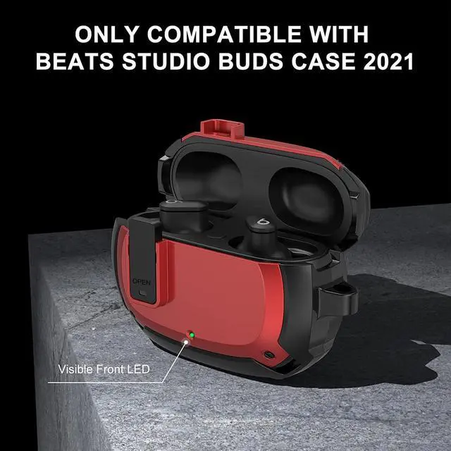Alt view image 4 of 6 - Beats Studio Buds Case Cover 2021, Secure Lock Hard Rugged Cool Shockproof Protective Case Cover for Beats Studio Buds Wireless Earbuds Case Accessories with Keychain Carabiner for Men Women Red