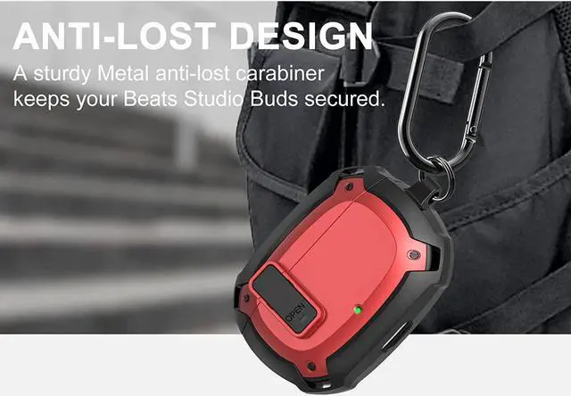 Alt view image 6 of 6 - Beats Studio Buds Case Cover 2021, Secure Lock Hard Rugged Cool Shockproof Protective Case Cover for Beats Studio Buds Wireless Earbuds Case Accessories with Keychain Carabiner for Men Women Red