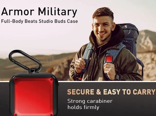 Alt view image 6 of 7 - For Beats Fit Pro Case Cover, Full-Body Protective Rugged Hard PC Soft TPU Armor Earbuds Case for Beats Fit Pro 2021 Headphones Accessories Charging Shell Protector with Carabiner Red