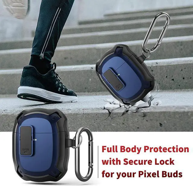 Alt view image 4 of 7 - Compatible with Google Pixel Buds A Case Cover [Front LED Visible] Shockproof Protective Case with Keychain Secure Lock Design Hard PC Case Cover for Pixel Buds A 2021 Blue