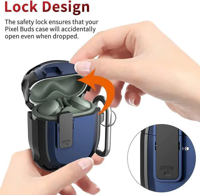 Alt view image 7 of 7 - Compatible with Google Pixel Buds A Case Cover [Front LED Visible] Shockproof Protective Case with Keychain Secure Lock Design Hard PC Case Cover for Pixel Buds A 2021 Blue