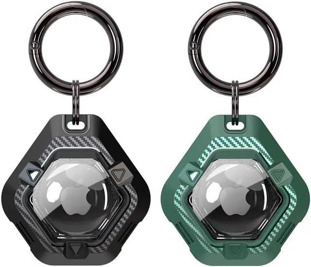 Main image of 2 Pack IPX8 Waterproof Airtag Holder (TPU&Clear PC Double Protection), Anti-Scratch Shockproof AirTag Case with Carbon Fiber Texture Keychain,Inner and Outer TPU Bumpers for Apple AirTag Black/Green