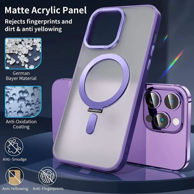 Alt view image 5 of 7 - Magnetic Protective Case for iPhone 14 Pro Max with Invisible Stand,[Compatible with Mag Safe][Translucent Matte Case][Tempered Glass Screen Protector + Camera Lens Protector] 6.7 Inch Purple