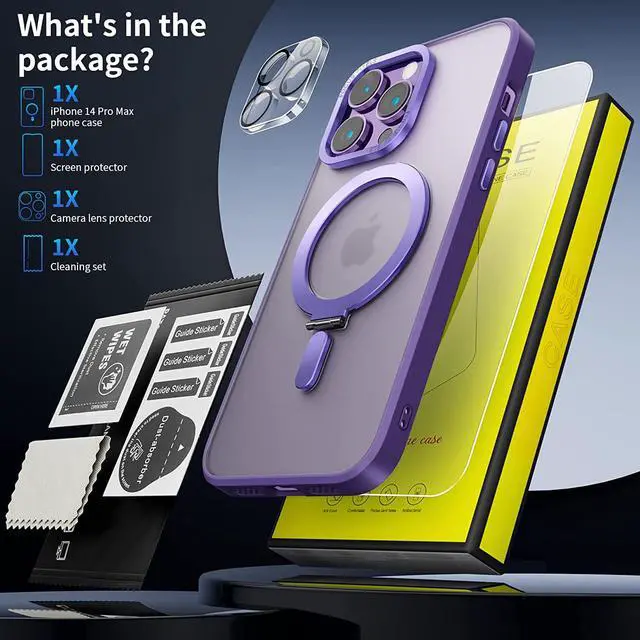 Alt view image 7 of 7 - Magnetic Protective Case for iPhone 14 Pro Max with Invisible Stand,[Compatible with Mag Safe][Translucent Matte Case][Tempered Glass Screen Protector + Camera Lens Protector] 6.7 Inch Purple