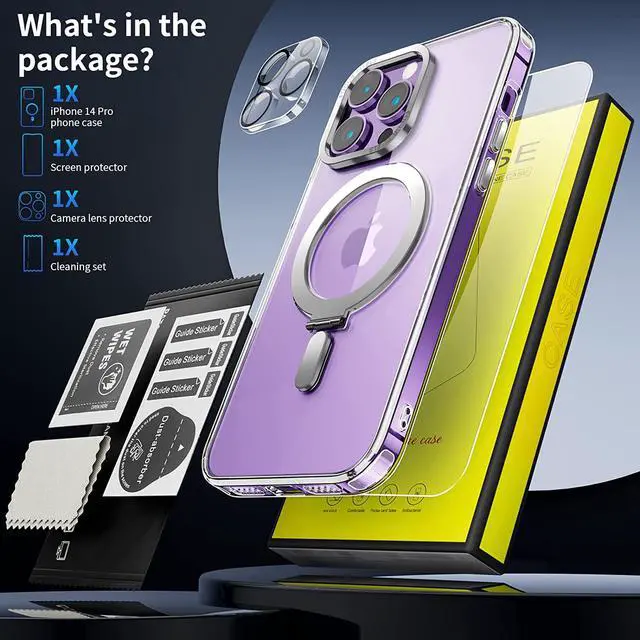 Alt view image 7 of 7 - For iPhone 14 Pro Case with Magnetic Invisible Stand [Compatible with Magsafe] [Tempered Glass Screen Protector + Camera Lens Protector] Shockproof Slim Translucent Matte Cases for iPhone 14 Pro 6.1"