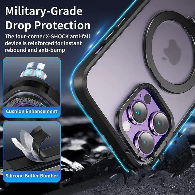 Alt view image 4 of 6 - For iPhone 13 Pro Max 6.7 inch Case with Magnetic Invisible Stand [Compatible with Magsafe] Shockproof Slim Translucent Matte Cover [Tempered Glass Screen Protector + Camera Lens Protector]