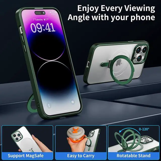 Alt view image 3 of 6 - For iPhone 13 Pro Max 6.7 inch Case with Magnetic Invisible Stand [Compatible with Magsafe] Shockproof Slim Translucent Matte Cover [Tempered Glass Screen Protector + Camera Lens Protector] Green