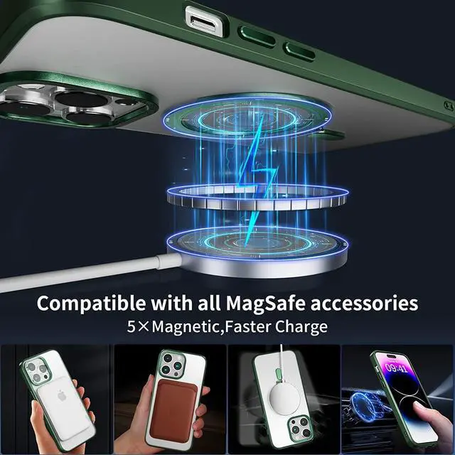 Alt view image 2 of 6 - For iPhone 13 Pro Max 6.7 inch Case with Magnetic Invisible Stand [Compatible with Magsafe] Shockproof Slim Translucent Matte Cover [Tempered Glass Screen Protector + Camera Lens Protector] Green