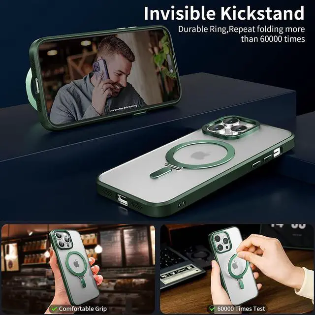 Alt view image 5 of 6 - For iPhone 13 Pro Max 6.7 inch Case with Magnetic Invisible Stand [Compatible with Magsafe] Shockproof Slim Translucent Matte Cover [Tempered Glass Screen Protector + Camera Lens Protector] Green