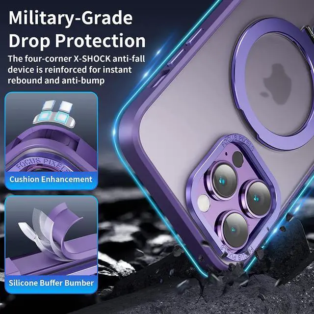 Alt view image 6 of 7 - For iPhone 13 Pro Max 6.7 inch Case with Magnetic Invisible Stand [Compatible with Magsafe] Shockproof Slim Translucent Matte Cover [Tempered Glass Screen Protector + Camera Lens Protector] Purple