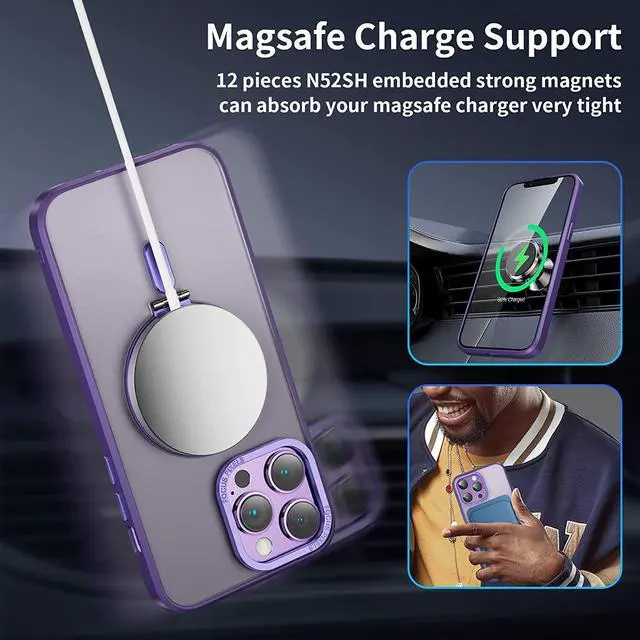 Alt view image 4 of 7 - For iPhone 13 Pro Max 6.7 inch Case with Magnetic Invisible Stand [Compatible with Magsafe] Shockproof Slim Translucent Matte Cover [Tempered Glass Screen Protector + Camera Lens Protector] Purple