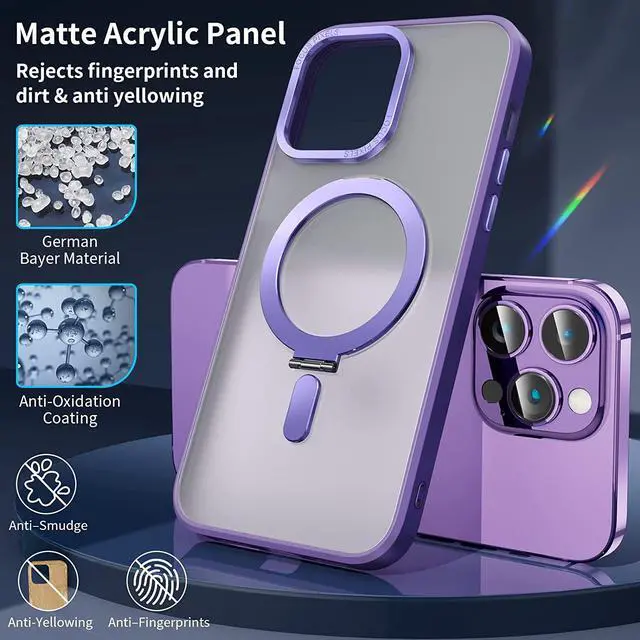 Alt view image 5 of 7 - For iPhone 13 Pro Max 6.7 inch Case with Magnetic Invisible Stand [Compatible with Magsafe] Shockproof Slim Translucent Matte Cover [Tempered Glass Screen Protector + Camera Lens Protector] Purple