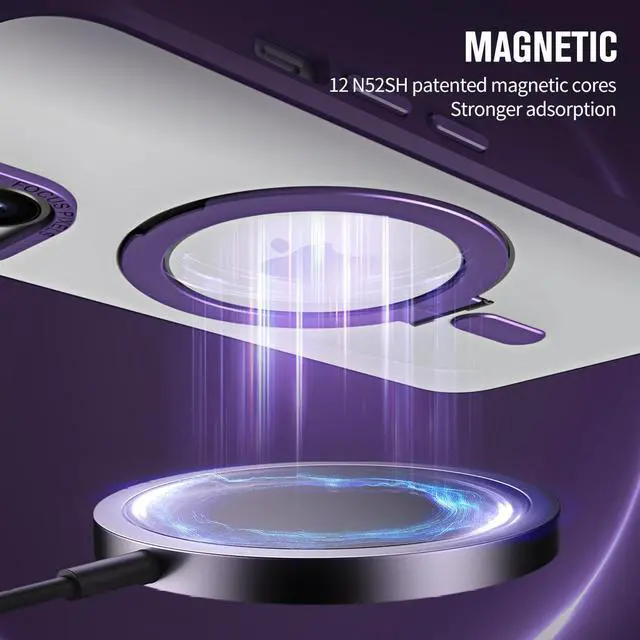 Alt view image 4 of 7 - For iPhone 14 / iPhone 13 6.1 inch Case with Magnetic Invisible Stand [Compatible with Magsafe] Shockproof Slim Translucent Matte Cover [Tempered Glass Screen Protector + Camera Lens Protector] Purple