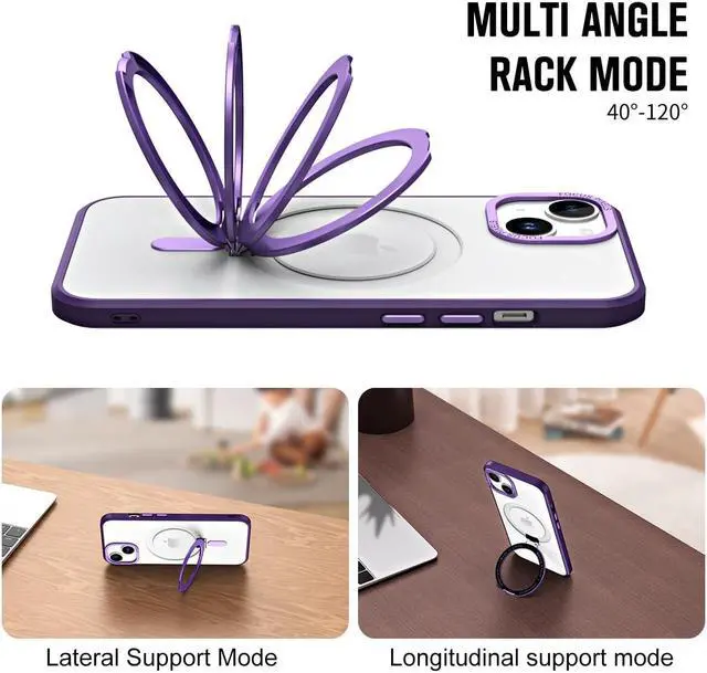 Alt view image 3 of 7 - For iPhone 14 / iPhone 13 6.1 inch Case with Magnetic Invisible Stand [Compatible with Magsafe] Shockproof Slim Translucent Matte Cover [Tempered Glass Screen Protector + Camera Lens Protector] Purple