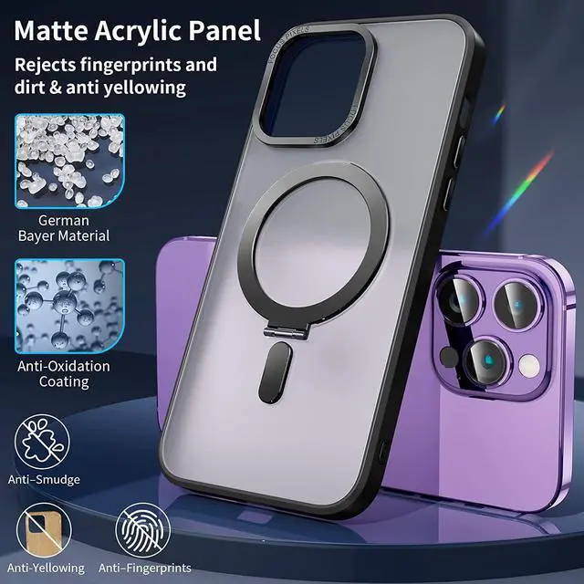 Alt view image 6 of 7 - For iPhone 11 Pro Max Case with Magnetic Invisible Stand [Compatible with Magsafe] [Tempered Glass Screen Protector + Camera Lens Protector] Shockproof Cover Slim Translucent Matte Case