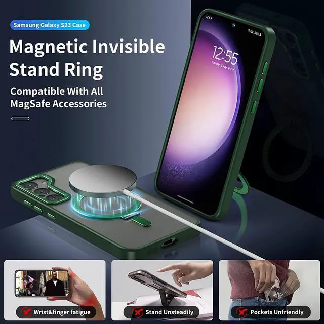 Alt view image 3 of 7 - For Samsung Galaxy S23 Case with Magnetic Invisible Stand [Compatible with Magsafe] Shockproof Slim Translucent Matte Cases for Samsung Galaxy S23 6.1 inch Green