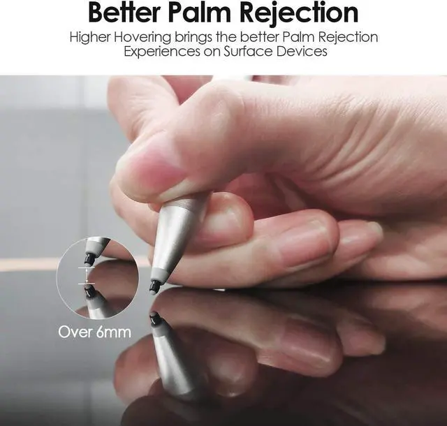 Alt view image 3 of 7 - Stylus Pen for Microsoft Surface, Palm Rejection, 1024 Levels Pressure, Flex & Soft HB Nib, Compatible with Surface Pro/Book/Laptop/Go, Including 2 Spare Nibs & AAAA Battery Silver