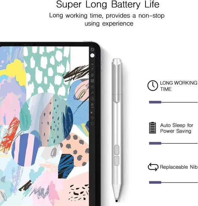 Alt view image 4 of 7 - Stylus Pen for Microsoft Surface, Palm Rejection, 1024 Levels Pressure, Flex & Soft HB Nib, Compatible with Surface Pro/Book/Laptop/Go, Including 2 Spare Nibs & AAAA Battery Silver