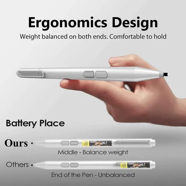 Alt view image 2 of 7 - Stylus Pen for Microsoft Surface, Palm Rejection, 1024 Levels Pressure, Flex & Soft HB Nib, Compatible with Surface Pro/Book/Laptop/Go, Including 2 Spare Nibs & AAAA Battery Silver