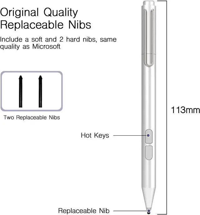 Alt view image 6 of 7 - Stylus Pen for Microsoft Surface, Palm Rejection, 1024 Levels Pressure, Flex & Soft HB Nib, Compatible with Surface Pro/Book/Laptop/Go, Including 2 Spare Nibs & AAAA Battery Silver