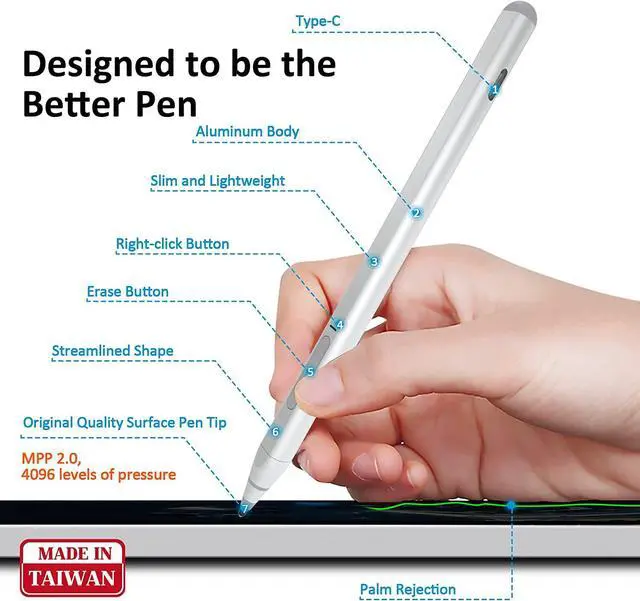 Alt view image 3 of 7 - Stylus Pen for Surface, USB C Charging, 4096 Pressure Sensitivity, Stylus For Microsoft Surface Pro 9 / Pro 8/7/6/5/4/Go/X/Book/Studio/Laptop 5/4/3/2/1/HP/ASUS/DELL, Magnetic Attachment Silver
