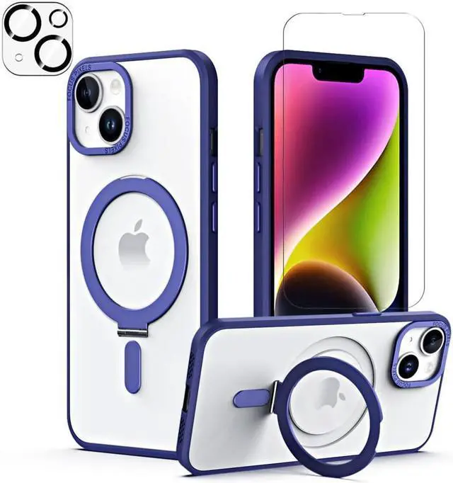 Main image of For iPhone 14 Plus 6.7 inch Case with Magnetic Invisible Stand [Compatible with Magsafe] Shockproof Slim Translucent Matte Cover [Tempered Glass Screen Protector + Camera Lens Protector] Blue