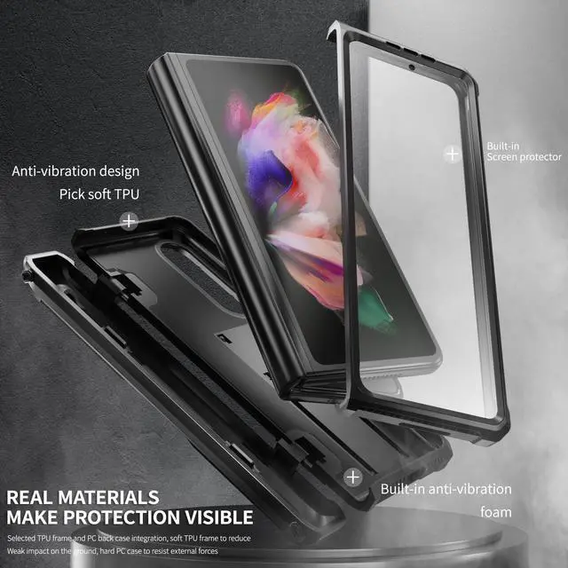 Alt view image 3 of 7 - Case for Samsung Galaxy Z Fold 3 5G 2021, Military-Grade Full-Body Shockproof Rugged Bumper Case Cover with Built-in Screen Protector & Kickstand & S Pen Slot