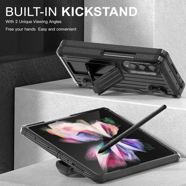 Alt view image 2 of 7 - Case for Samsung Galaxy Z Fold 3 5G 2021, Military-Grade Full-Body Shockproof Rugged Bumper Case Cover with Built-in Screen Protector & Kickstand & S Pen Slot