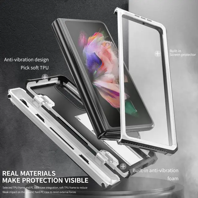 Alt view image 3 of 7 - Case for Samsung Galaxy Z Fold 3 5G 2021, Military-Grade Full-Body Shockproof Rugged Bumper Case Cover with Built-in Screen Protector & Kickstand & S Pen Slot White