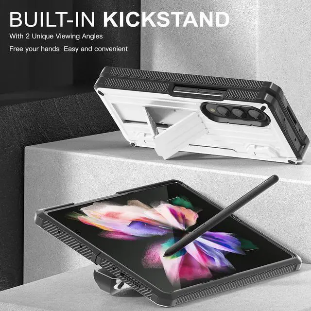 Alt view image 2 of 7 - Case for Samsung Galaxy Z Fold 3 5G 2021, Military-Grade Full-Body Shockproof Rugged Bumper Case Cover with Built-in Screen Protector & Kickstand & S Pen Slot White