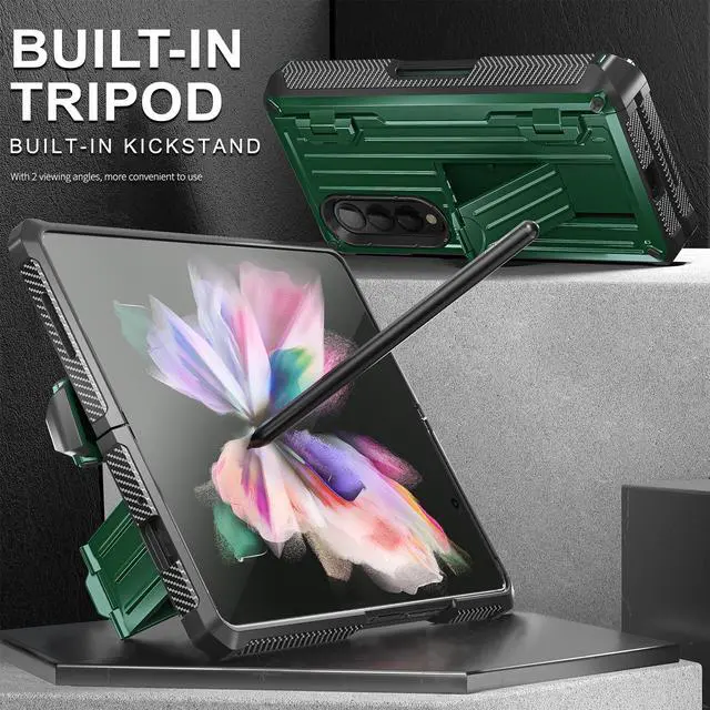 Alt view image 4 of 7 - Case for Samsung Galaxy Z Fold 3 5G 2021, Military-Grade Full-Body Shockproof Rugged Bumper Case Cover with Built-in Screen Protector & Kickstand & S Pen Slot Army Green